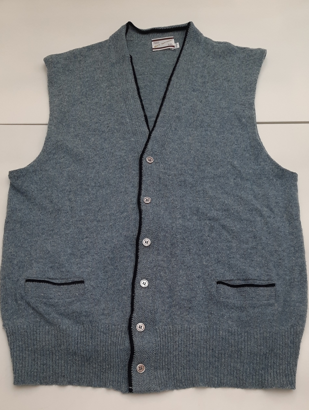 Men's Blue Gray Knit Button Vest - Classic V-Neck Sweater Vest - 2XLT